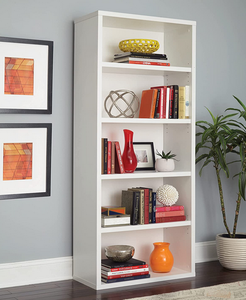 ClosetMaid Bookshelf with 5 Shelf Tiers, Adjustable Shelves, Tall Bookcase Sturdy Wood with Closed Back Panel, White Finish