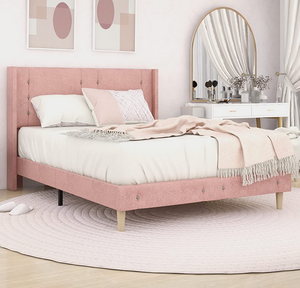 Olivae Upholstered Platform Queen Bed FrameMattress FoundationModern  Deluxe Wingback PlatformStrong Wood Slat SupportNo Box Spring Needed