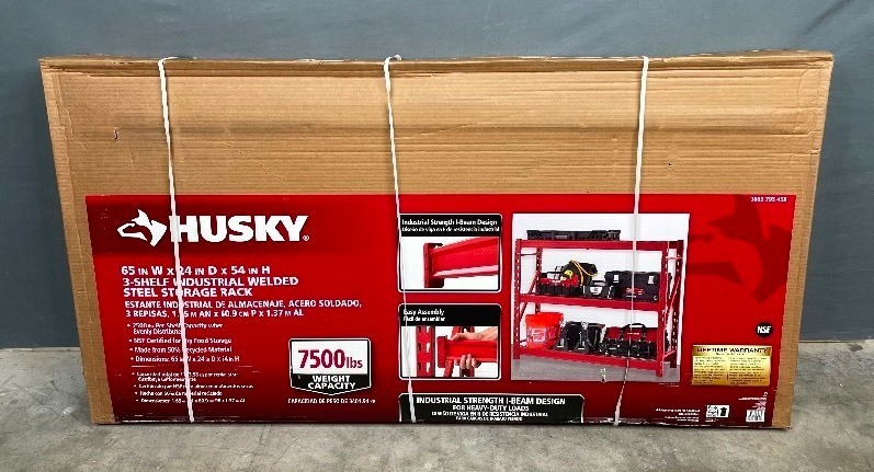 lot 7 image: Brand New Husky 3-Tier Heavy Duty Industrial Welded Steel Garage Storage Shelving Unit in Red 