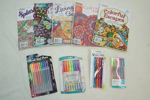 adult coloring books, pens