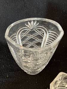 lot 32 image: Two Cut Glass Vases, Candy Dish with Lid