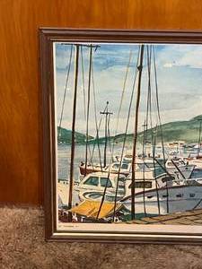 lot 73 image: Framed Watercolor Boats on the Pier by Irioindo