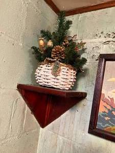 lot 91 image: Framed Cabin in the Mountains Acrylic Painting, Corner Shelf with Plant