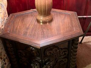 lot 98 image: Ornate Carved Wood Hexagon Side Table