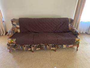 lot 117 image: Vintage Wood Carved Couch with Covers