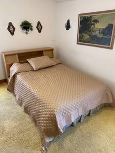 lot 128 image: MCM Queen Sized Bed with Headboard Storage and Fully Dressed