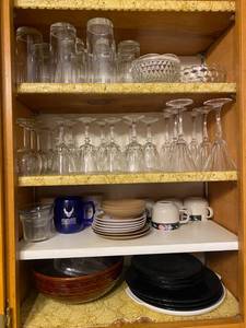 lot 150 image: Contents of Kitchen Cabinet Glasses, Plate Set, Glasses, and More