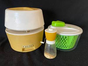 lot 158 image: Vintage Dry Goods Kitchen Organizer, Handmill Grinder, Salad Spinner