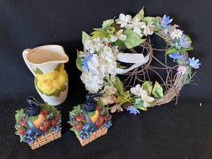 lot 169 image: Floral Spring Wreath, Vintage Pitcher, Fruit Basket Soap Dispensers