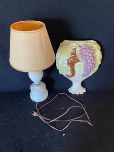 lot 179 image: Vintage Hobnail Milk Glass Lamp and Ceramic Wall Planter