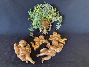 lot 181 image: Gold-Toned Angel Wall Art Plaques, Planter with Faux Plant
