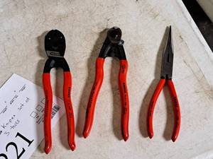 lot 221 image: Lot of (3) Knipex CrV Hand Tools - 3.6mm Compact Bolt Cutter, 2.5mm Wire Rope Cutter, 8 Long Nose Pliers with Cutter