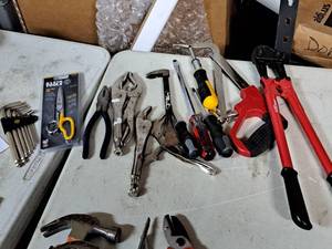 lot 222 image: Lot of (11) Hand Tools - Bolt Cutter, Hacksaw, Locking Pliers, Pliers, Klein Tools Scissors, Hex Wrench Set