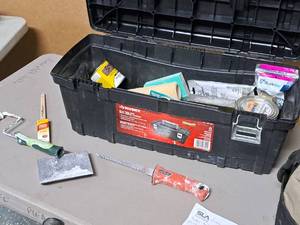 lot 232 image: Tool Box with Hand Tools - Drywall Saw, Paint Roller Handle, Paint Brushes, Rollers, Polyeurethane Stain, Pex Copper 12x12 Elbow, Misc. Hardware and Tool