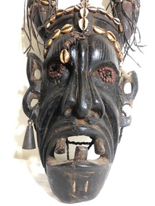Large Old Ominous Carved Society Mask wRed Leather