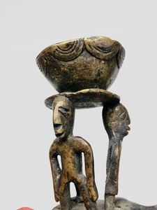 Small Antique Ashanti Bronze Sculpture - Standing Figures on Horses wBowl