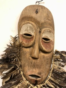 Old Primitive Carved Lega Mask wFeathers - Congo