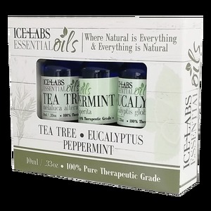 lot 46 image: Ice Labs Set of 3 Essential Oils, 10ml each Tea Tree, Eucalyptus, Peppermint