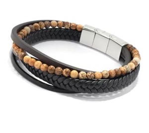 lot 107 image: Invicta Jewelry Mens 8.5 Stainless Steel, Leather & Jasper Stack Bracelet