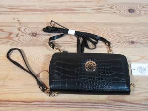lot 157 image: Black Faux Leather Wallet w Gold Accents - removable crossbody strap