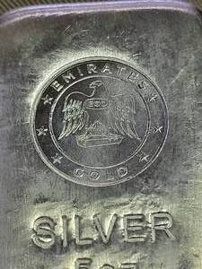 5 TROY OZ .999 FINE SILVER BAR EMIRATES GOLD STAMPED