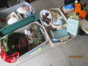 (3) covered totes full of Chrismas,...