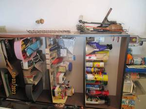 All goodies on garage shelf Lawn a...