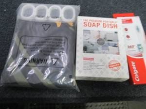 lot 420 image: Shower Curtain, Soap Dish, Toothbru...