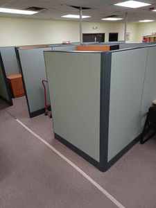 Four Unit Set Tall Office Cubicle with Shared 7-foot X 8-foot Walls, 48-inch Openings, 6-foot Tops, 48-inch Lighted Overhead Compartments