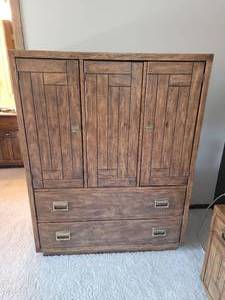lot 3 image: Campaign Style Drexel Bedroom Highboy