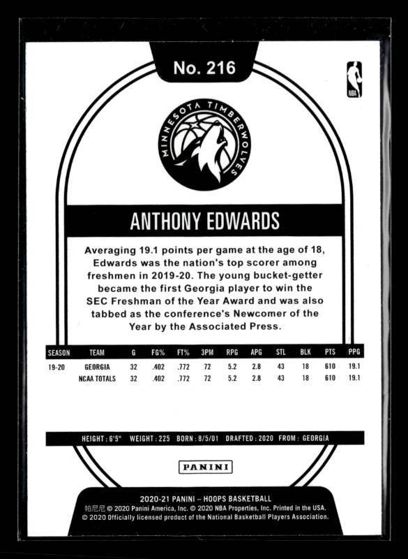 lot 23 image: 2020 NBA Hoops Anthony Edwards Rookie #216