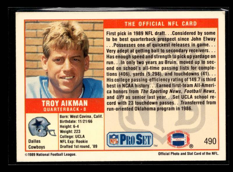 lot 29 image: 1989 Pro Set Troy Aikman Rookie Card #490