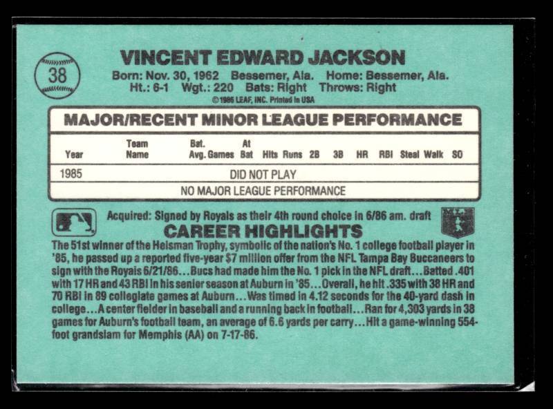 lot 5 image: 1986 Donruss The Rookies Bo Jackson Rookie Card #38