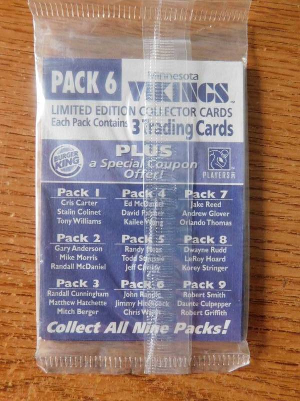 lot 55 image: Burger King Vikings Sealed 3 Card Pack - John Randle On Top
