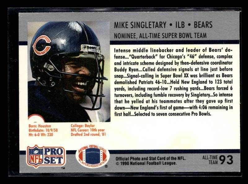 lot 69 image: 1990 Pro Set Super Bowl Mike Singletary Autographed Card