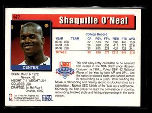 lot 83 image: 1992 NBA Hoops Shaquille ONeal Rookie Card #442