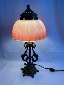 lot 104 image: Antique 1920s Ornate Metal Table Lamp with Victorian Glass Shade