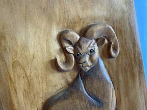 lot 125 image: Vintage Wooden Hand Carved Ram on a Cliff