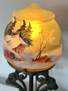 lot 121 image: Antique Ornate Metal Table Lamp with Hand Painted Glass Shade