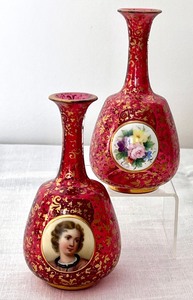 lot 5 image: Pair of Antique Bohemian Moser Cranberry Portrait Vases