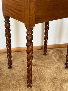 lot 15 image: Antique Mahogany Accent Table with Barley Twist Legs and Carved Drawer Front