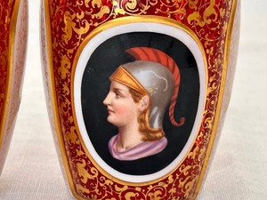 lot 43 image: Pair of Antique Moser Cranberry Portrait Glass Mugs