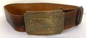 lot 296 image: Vintage Brass Wells Fargo and Company Nevada Belt Buckle with Leather Belt