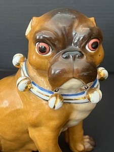 lot 7 image: Antique Conta & Boheme Pug Dog Figurine - Seated Pug with Collar and Bells