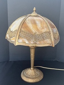 lot 14 image: Vintage Slag Glass Table Lamp with Ornate Metal Base and Detailing