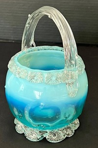 lot 312 image: Antique Aquamarine Opalescent Rigaree Glass Basket with Applied Flowers and Thorns on Handle