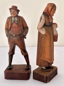 lot 395 image: Pair of Hand Carved Old Man and Old Woman Norwegian Figurines