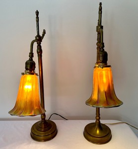 lot 5A image: Pair of Vintage Brass Table Lamps with Quezal Glass Shades