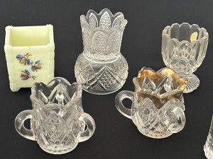 lot 420 image: Collection of Antique Toothpick Holders including Antique Square Custard Glass Toothpick Holder