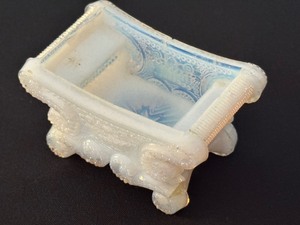 lot 425 image: Vintage Opaque Milk Glass Shallow Embossed Oval Dish and Opaque Salt Cellar